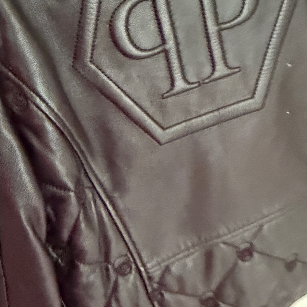 Philipp Plein Black Leather Jacket with Silver Nameplate